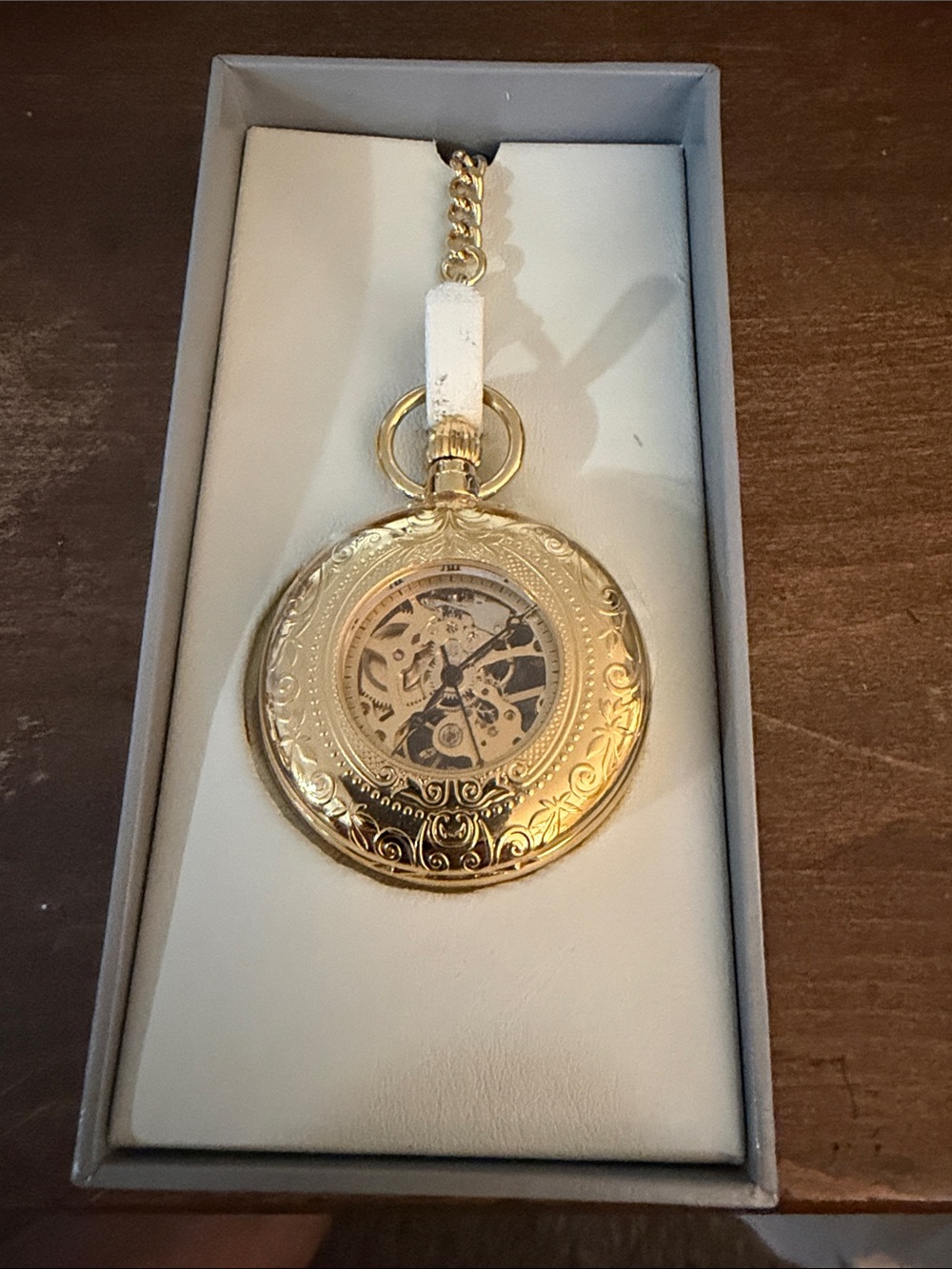 Majesti Gold Tone Skeleton Mechanical Pocket Watch w/ Chain Box & Papers